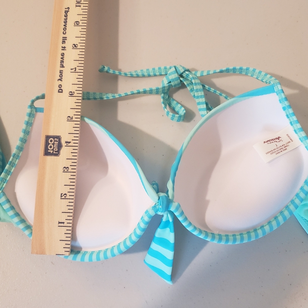Arizona Jean Bikini Top Push Up Padded Lifht Blue Light Green Striped Size Large - Picture 9 of 10